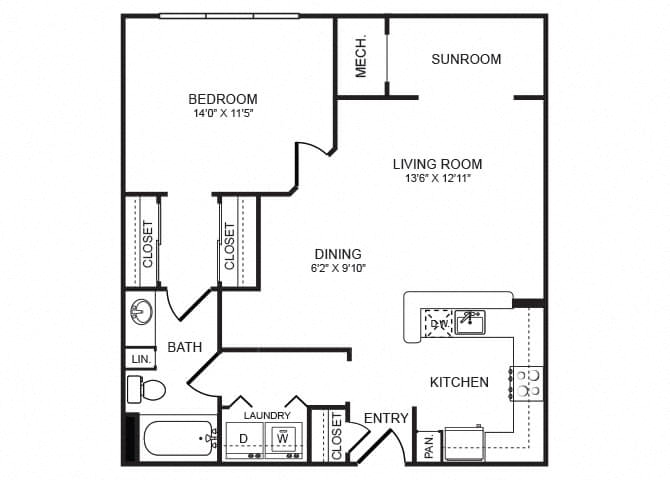 Floor plan for 1 bed, 1 bath, 798 sqft